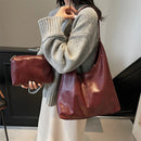 Set 2 en 1 de bolso tote grande y neceser pequeño a juego en cuero PU color burgundy