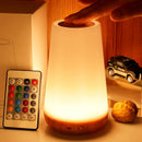 Lámpara nocturna RGB recargable USB con control remoto en mesita, luz cálida
