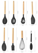 Set de utensilios de cocina de silicona con mango de madera con medidas de cada pieza

